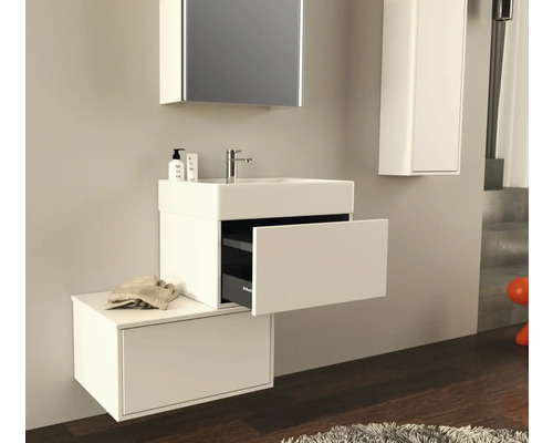 Salle de bain moderne avec meuble sous-lavabo, armoire de toilette et armoire haute pour une ambiance élégante