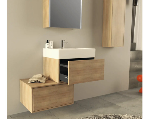 Salle de bains avec meuble sous-lavabo, lavabo, armoire de toilette et armoire haute aspect bois