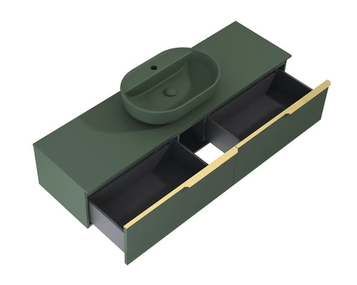 Waschtisch mit Aufsatzwaschbecken und offenen Schubladen