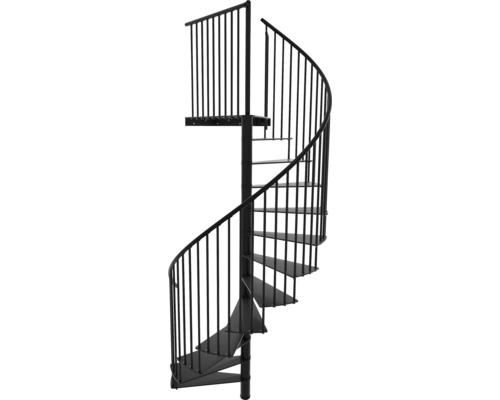Schwarze Wendeltreppe aus Metall mit Geländer