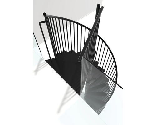 Schwarze Wendeltreppe mit Geländer und Stufen