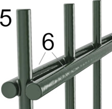 Detailansicht eines Metallzauns mit Pfosten und Querstreben, nummeriert zur Kennzeichnung einzelner Elemente.