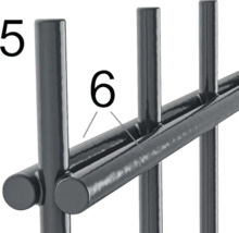 Detailaufnahme eines Metallgitters mit den Nummern 5 und 6.