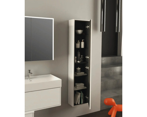 Badezimmer Szene mit Waschtisch und offenem Hochschrank zur Aufbewahrung