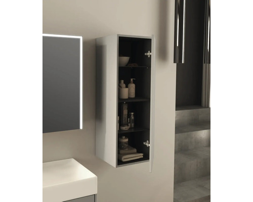 Badezimmer Szene mit einem offenen Hängeschrank zur Aufbewahrung von Badutensilien