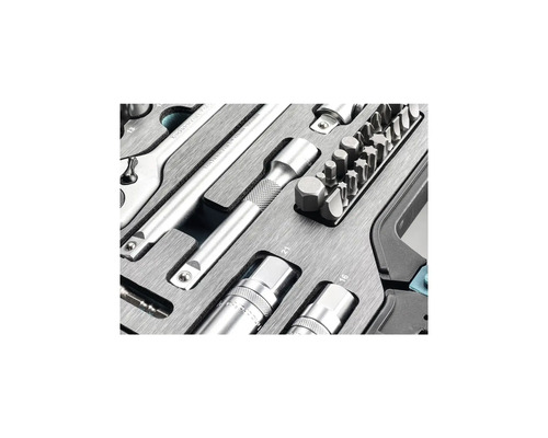 Werkzeugsatz mit Schraubenschlüssel, Verlängerung und Bits in Kassette