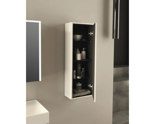 Offener Badezimmerschrank mit Regalen zur Aufbewahrung von Badutensilien