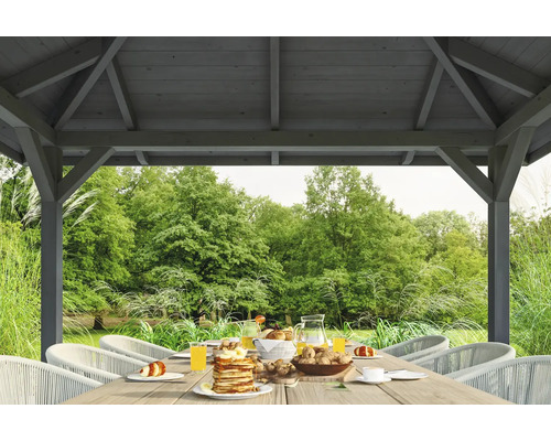 Pavillon de jardin en bois avec table à manger et petit-déjeuner en plein air