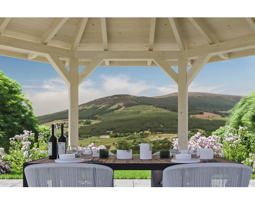Scène d''un pavillon de jardin en bois avec une table dressée et paysage