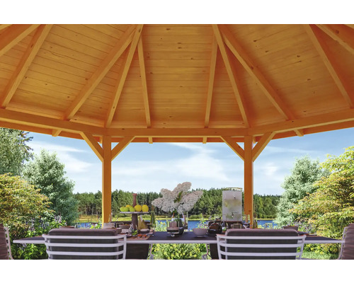 Vue détaillée d''un pavillon avec toit en bois et mobilier de jardin