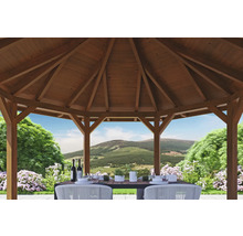 Pavillon de jardin en bois avec table et chaises dans le jardin