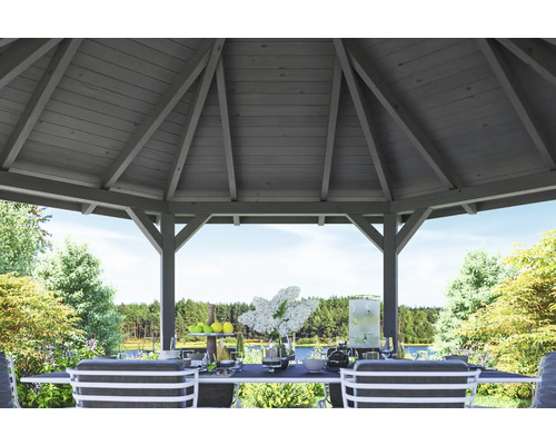 Holzpavillon mit Esstisch und Blick in den Garten