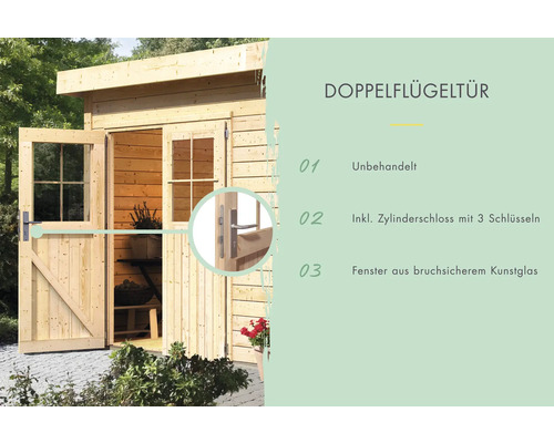 Doppelflügeltür mit Zylinderschloss und drei Schlüsseln sowie Fenster aus bruchsicherem Kunstglas