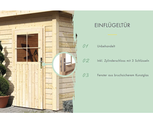 Detailansicht einer Holztür für ein Gartenhaus mit Fenster und Zylinderschloss