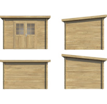 Abri de jardin en bois avec double porte et vue de toit monopente sous quatre angles