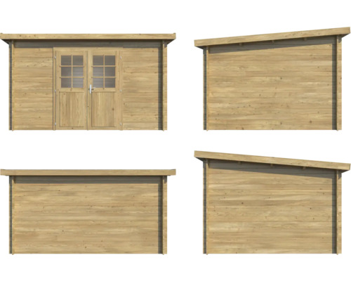 Vues multiples d''un abri de jardin en bois avec double porte