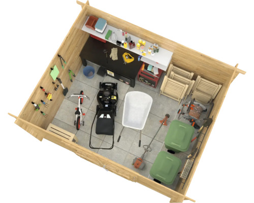 Vue intérieure d''un abri de jardin lumineux avec outils de jardinage, établi et étagères