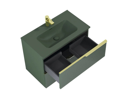 Meuble sous-vasque avec système de tiroirs ouverts et vasque à poser