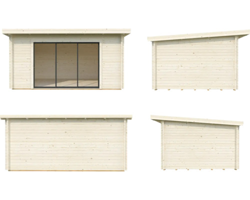 Vues multiples d''un abri de jardin en bois avec toit monopente et porte coulissante