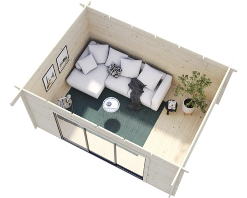 Vue intérieure d''un abri de jardin avec canapé, table et décoration