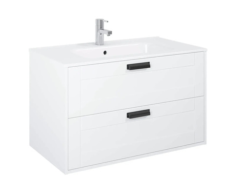 Weisser Waschtischunterschrank mit zwei Schubladen und Aufsatzwaschbecken