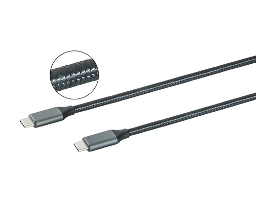 USB-C-Kabel mit Textilummantelung und grauen Anschlüssen