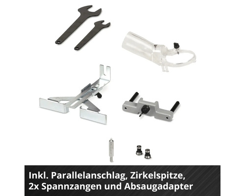 Zubehörset mit Parallelanschlag, Zirkelspitze, zwei Spannzangen und Absaugadapter
