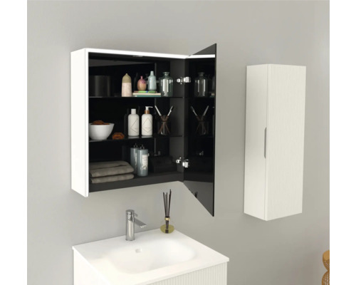 Salle de bains moderne avec lavabo, armoire de toilette et armoire suspendue pour ranger les accessoires de salle de bains