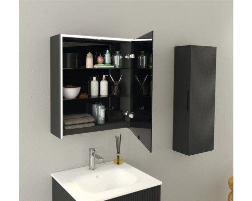 Salle de bain moderne avec lavabo, armoire de toilette et armoire haute