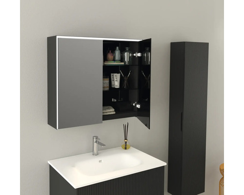 Salle de bains avec lavabo, armoire de toilette et armoire haute