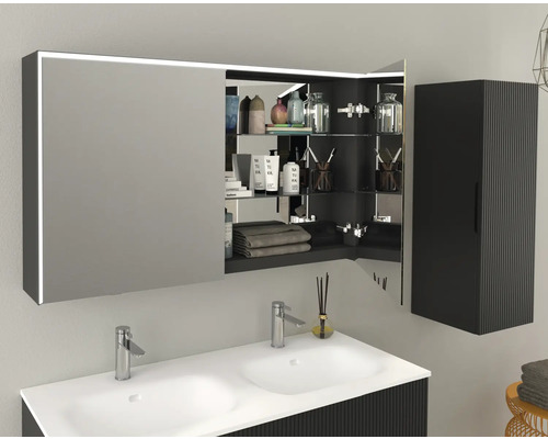 Salle de bains avec meuble-lavabo, armoire de toilette et armoire haute au design moderne