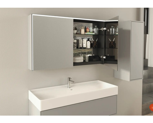 Badezimmer mit Spiegelschrank, Waschtisch und Unterschrank.