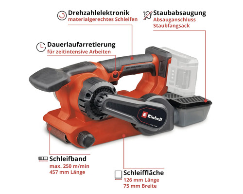 Ponceuse à bande sans fil Einhell avec aspiration de poussière et contrôle de la vitesse