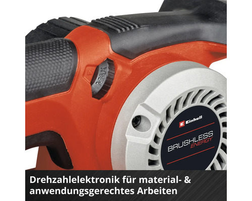 Gros plan d'une ponceuse Einhell avec réglage de la vitesse et logo Brushless Energy.