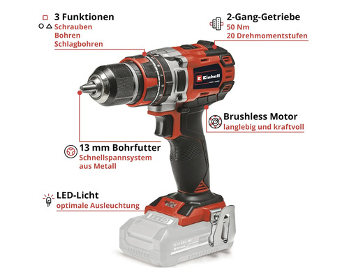 Einhell Akku-Schlagbohrschrauber mit drei Funktionen, 2-Gang-Getriebe, 13 Millimeter Bohrfutter, Bürstenloser Motor und LED-Licht