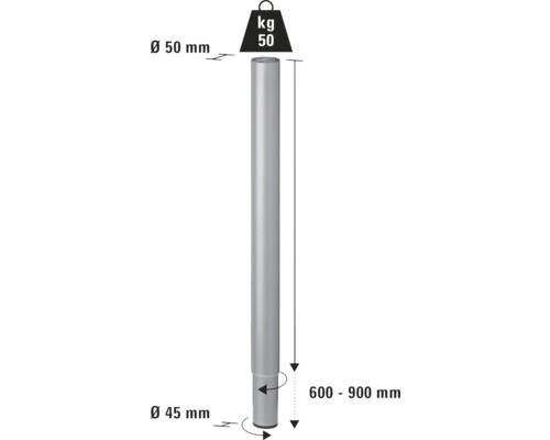 Dessin technique d''un poteau de support avec des dimensions de 50 millimètres de diamètre en haut, 45 millimètres de diamètre en bas et 600 à 900 millimètres de longueur.