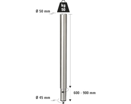 Pied de table réglable en acier mesurant de 600 à 900 millimètres et ayant une capacité de charge de 50 kilogrammes.