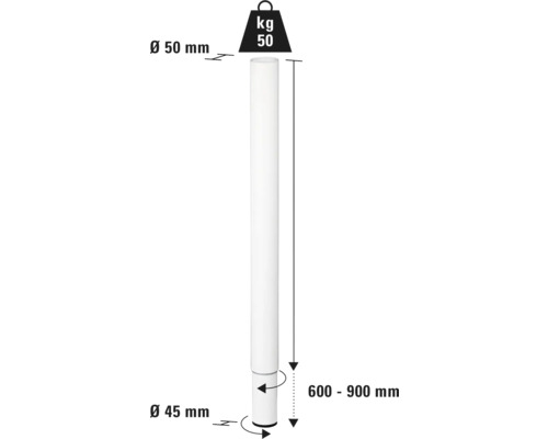 Schéma technique d''un support d''un diamètre de 50 millimètres en haut et de 45 millimètres en bas, et d''une hauteur de 600 à 900 millimètres pour une capacité de charge de 50 kilogrammes.