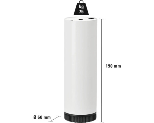 Pied de table cylindrique mesurant 190 mm de haut et 60 mm de diamètre, capacité de charge de 75 kg