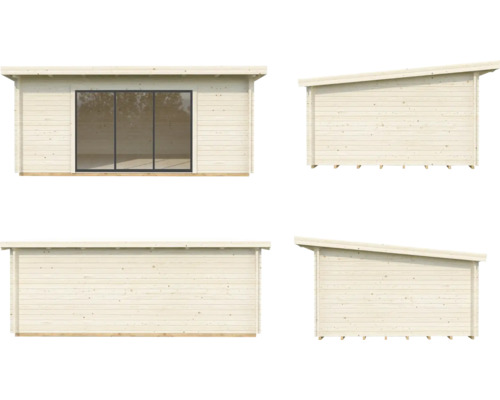 Mehransicht eines Gartenhauses mit Pultdach und Fenster
