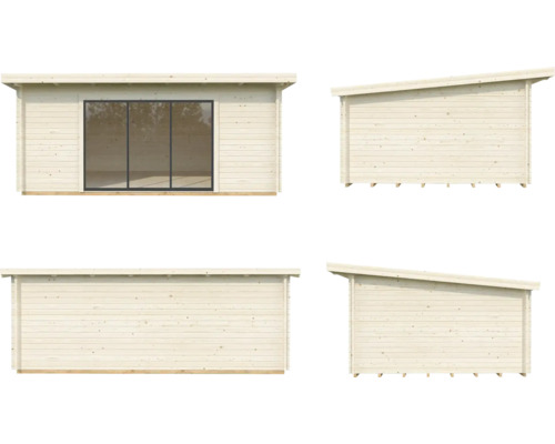 Abri de jardin en bois avec porte coulissante, vues des quatre côtés