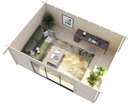 Vue intérieure d''un chalet de jardin avec coin salon et espace de travail