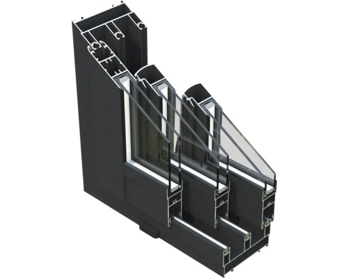 Coupe transversale d''un cadre de fenêtre en aluminium noir avec triple vitrage