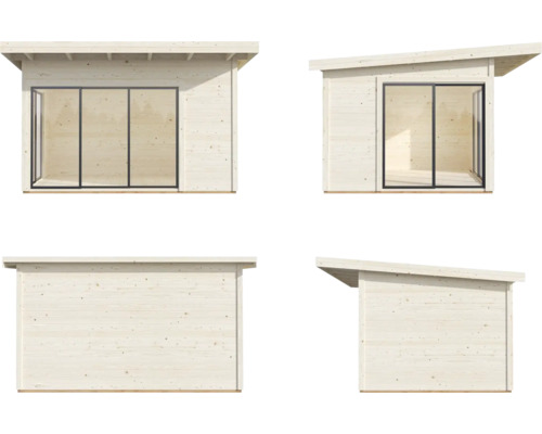 Vues d''un abri de jardin avec toit plat et fenêtres coulissantes