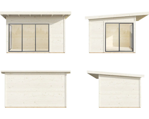 Abri de jardin avec toit plat et porte coulissante en verre en quatre vues