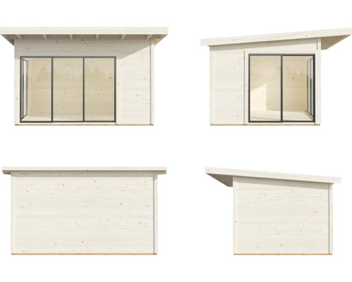 Mehransicht eines modernen Holzgartenhauses mit Flachdach und grossen Fensterfronten.