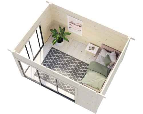 Holzgartenhaus mit Bett, Teppich und Pflanze eingerichtet