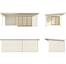 Vues multiples d''une cabane de jardin en bois avec portes coulissantes