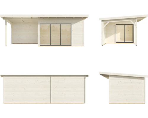 Vues multiples d''une cabane de jardin en bois avec portes coulissantes