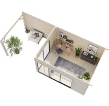 Vue intérieure d''une maison de jardin avec terrasse, coin bureau et coin salon
